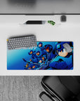 28x12 inches anime mouse pad in cool blues with sharp neon highlights, sleek armor shine, retro arcade vibe.
