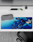 32x12 inches anime mouse pad in cool blues with sharp neon glow, fast gritty vibe for gaming desks.