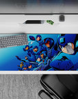 36x16 inches anime desk pad in cool blues with sharp neon highlights, fast gritty vibe for late-night gaming.