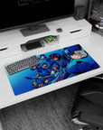 32x16 inches anime mouse pad showing Mega Man leading a full armored squad into battle, action snapshot style.