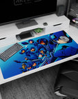 40x20 inches anime desk pad showing Mega Man leading a full armored team, helmets gleaming in a speed snapshot.