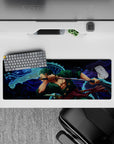 32x12 inches mouse pad with Zoro from One Piece, blending fierce battle stance and blue dragon to embody his strength and determination.