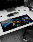 Artistic 36x16 inches desk pad with Zoro from One Piece, blending his intense battle stance with a blue dragon to capture his strength and resolve.