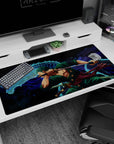 Large 40x20 inches desk pad featuring Zoro from One Piece, with a blue dragon and intense design, embodying his fierce strength and swordsmanship.