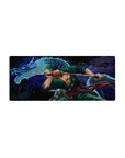 Mouse pad featuring Zoro from One Piece, 28x12 inches, in a battle stance with a blue dragon, capturing his strength and fierce determination.