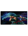Mouse pad featuring Zoro from One Piece, 32x16 inches, in a powerful battle stance with a blue dragon, exuding strength and determination.