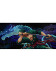 Desk pad featuring Zoro from One Piece, 36x16 inches, in a fierce battle stance with a blue dragon, capturing his strength and legendary will.