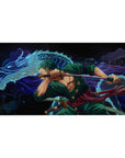 Desk pad featuring Zoro from One Piece, 40x20 inches, in a fierce battle stance with a blue dragon, capturing his strength and legendary swordsmanship.