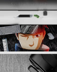 Moody gray rain-streak anime desk pad 36x16 inches with red rim light and glowing eye accent.