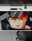 40x20 inches anime desk pad in smoky grays with rain streaks and red rim light, cinematic mood.