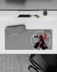 28x12 inches anime mouse pad in flat gray and black with punchy red clouds and scythe stripes, edgy vibe.