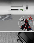 36x16 inches anime mouse pad in moody gray, bold red stripes and clouds, crisp white geometry, dark cloak.