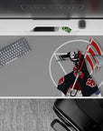 40x20 inches anime mouse pad in flat gray with bold red accents, crisp white circles, dark dramatic vibe.