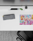 Pastel pink lavender and gold anime girl mouse pad 14x10 inches, cheerful candy-glass vibe for desk setup.