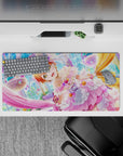 Pastel kawaii anime girl mouse pad 32x16 inches in pink, lavender and gold, candy-glass vibes.
