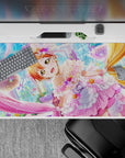 Pastel pink lavender gold anime desk pad 40x20 inches, sparkly sweets vibe for a happy cute setup.