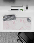 Pastel monochrome pink kawaii anime desk mat mouse pad, cheerful vibe, 28x12 inches.