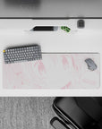 Pastel pink monochrome kawaii anime desk mat with blush dots and sparkly eyes, 32x12 inches.