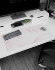 Close-up kawaii anime girl face with big sparkling eyes and blush dots mouse pad, 32x16 inches.