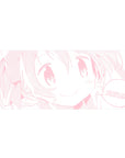 Kawaii anime girl line-art desk pad mouse pad, big sparkling eyes and SMILE! bubble, 36x16 inches.