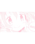 40x20 inches anime girl desk pad with pink line-art kawaii face, big sparkly eyes, SMILE speech bubble.