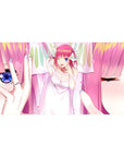 Anime girl desk pad 40x20 inches with pastel bridal vibe, pink hair wink, and sparkly eye close-up art.