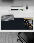 Moody charcoal and sandy tan anime girl mouse pad 32x12 inches with black armor and purple accents.
