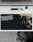 Moody charcoal and sandy tan anime girl mouse pad 32x16 inches with black armor and purple accents.