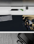 Moody anime girl desk pad 36x16 inches in charcoal and sandy tan with black armor and purple highlights.