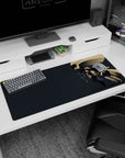 Heroic lead rider charging forward on an anime girl desk pad 36x16 inches, fast action with clean space.