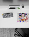 Vibrant 14x10 inches anime mouse pad in candy reds and electric blues, chaotic cute art riot mood.