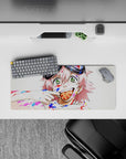 28x12 inches anime mouse pad in candy reds and electric blues, chaotic cute vibe with bold brush strokes.