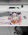 Chaos-cute 36x16 inches anime desk pad in candy reds and electric blues with messy brushstroke vibes.