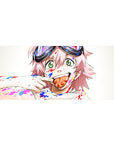 Anime girl desk pad 36x16 inches with pink hair, green eyes, goggles, paint splashes, and lollipop.
