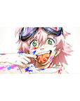 Anime girl desk pad 40x20 inches with pink hair, green eyes, goggles, lollipop, and paint splatter art.