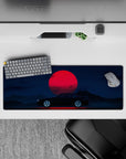 32x12 inches mouse pad with the Midnight Skyline Eclipse, capturing the bold contrast of a black car and red moon in a deep blue sky.