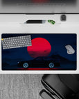 32x16 inches mouse pad with the Midnight Skyline Eclipse, blending retro-futuristic aesthetics with a sleek car and vibrant red moon.