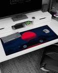 Artistic 36x16 inches desk pad featuring the Midnight Skyline Eclipse, combining a sleek car with a deep blue sky and a red moon for a striking look.
