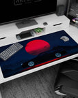 Large 40x20 inches desk pad featuring the Midnight Skyline Eclipse, blending a sleek black car and a red moon in a retro-futuristic design.