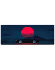 Compact 32x12 inches mouse pad with the Midnight Skyline Eclipse, featuring a sleek black car and a striking red moon under a deep blue sky.