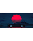 Desk pad featuring the Midnight Skyline Eclipse, 36x16 inches, with a black car and a vibrant red moon under a deep blue night sky.