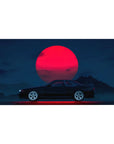 Desk pad featuring the Midnight Skyline Eclipse, 40x20 inches, with a sleek black car and a vibrant red moon against a deep blue night sky.