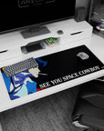 Artistic 36x16 inches mouse pad featuring Spike Spiegel, with "See You, Space Cowboy..." in a sleek, cosmic minimalist design for Cowboy Bebop fans.