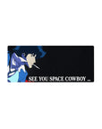 Mouse pad featuring Spike Spiegel, 28x12 inches, with "See You, Space Cowboy..." and minimalist design against the cosmos for an antihero tribute.