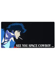 Mouse pad with Spike Spiegel, 32x16 inches, against the cosmos with "See You, Space Cowboy..." for a minimalist tribute to the antihero.