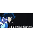 Mouse pad featuring Spike Spiegel, 36x16 inches, with "See You, Space Cowboy..." and a minimalist design against the cosmos for a sleek tribute.