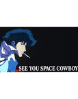Mouse pad featuring Spike Spiegel, 40x20 inches, with a minimalist design against the cosmos and the "See You, Space Cowboy..." farewell.