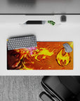 Anime mouse pad 28x12 inches featuring Rengoku from Demon Slayer, showcasing fiery colors and dynamic flame trails.