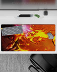 Rengoku themed 32x16 inch anime mouse pad, featuring fiery hues of yellow and orange, perfect for adding bold flair to any desk.