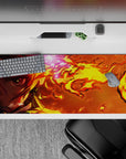 Rengoku anime desk pad 36x16 inches with fiery yellows and oranges, featuring his fierce gaze amidst blazing flames.